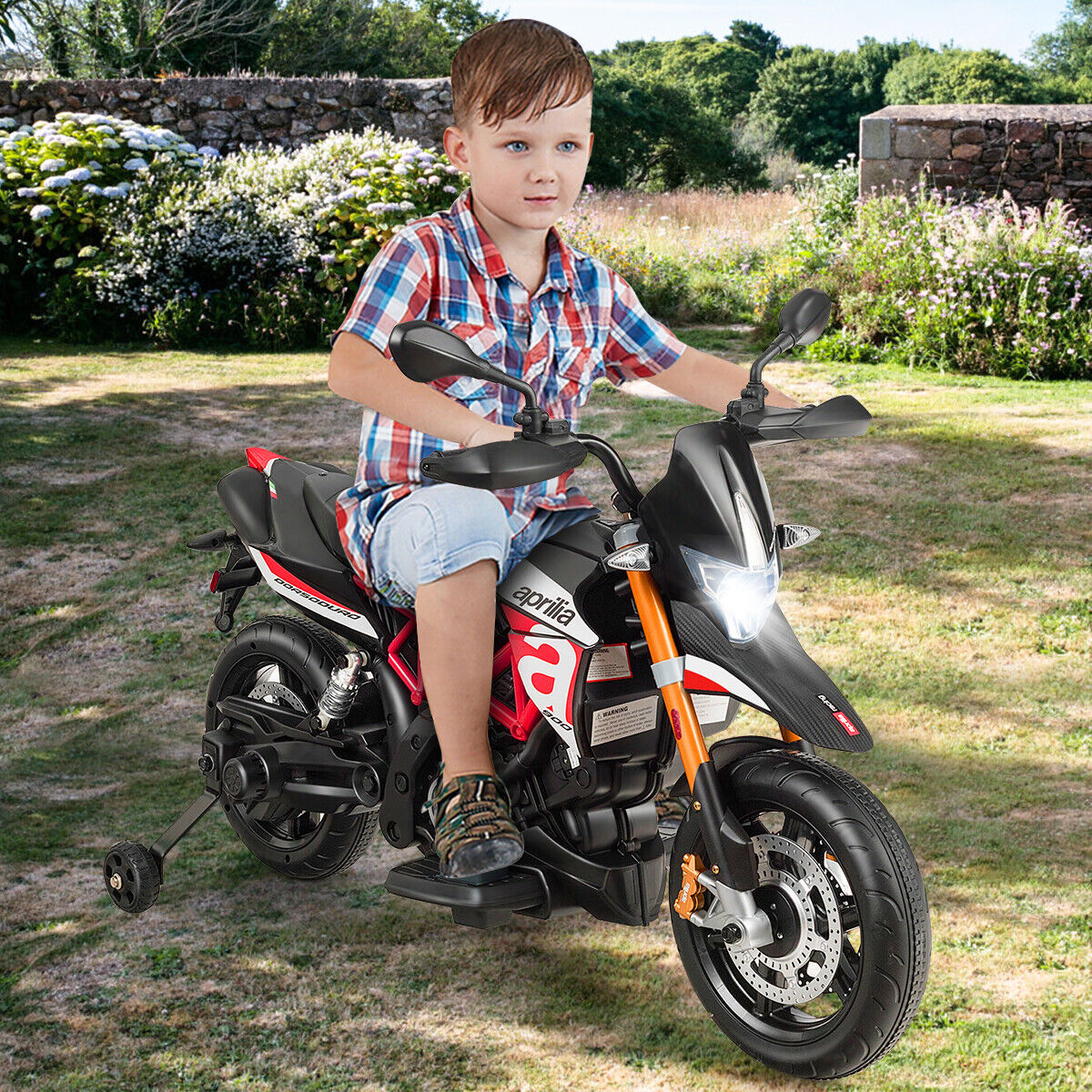 Aprilia 12V Kids Ride-On Motorcycle with Training Wheels in Red - Officially Licensed