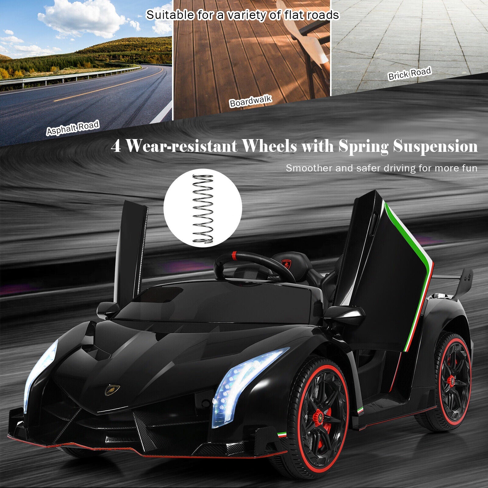 2-Seater Licensed Lamborghini Kids Ride On Car with RC and Swing Function - Black (12V)