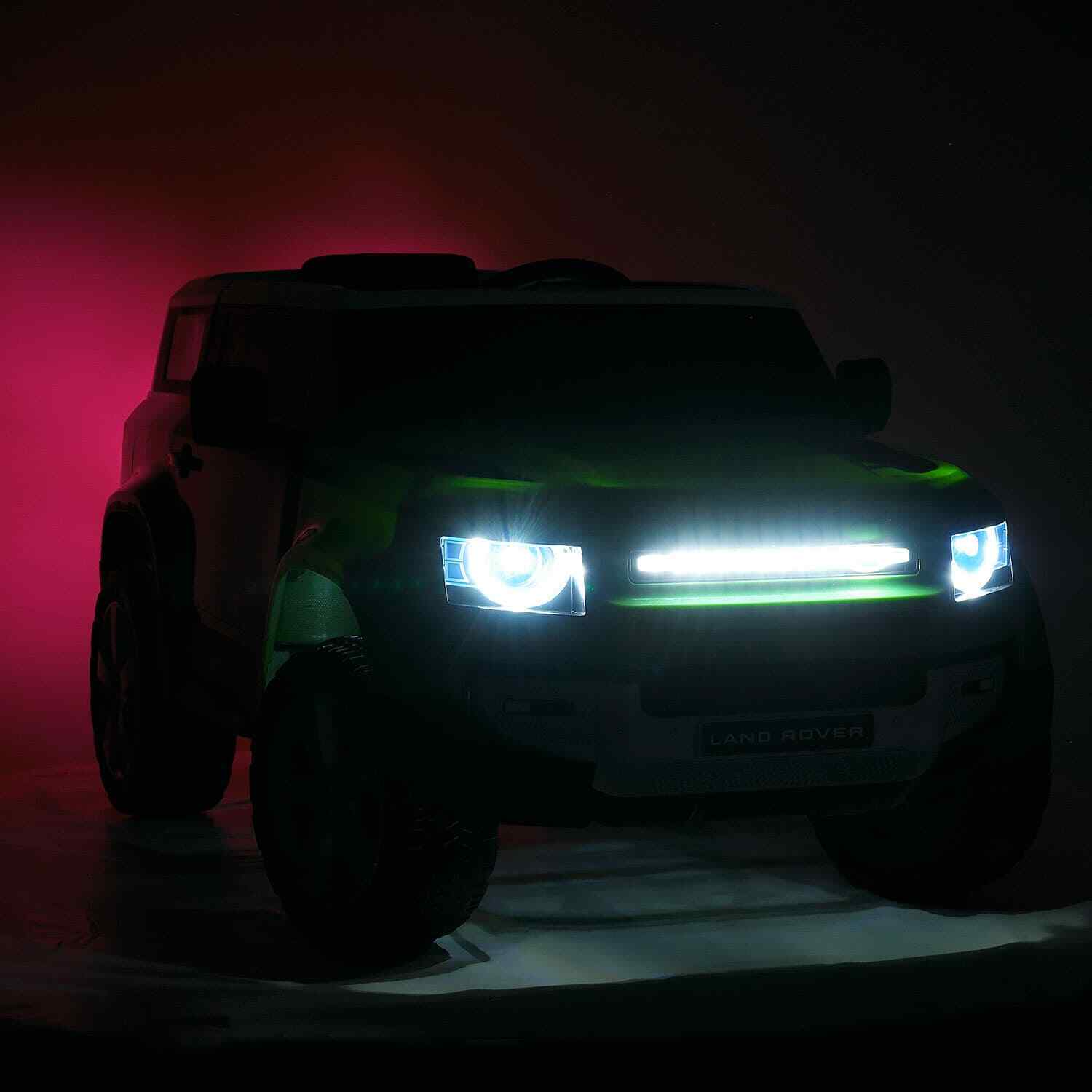 12V Land Rover Defender Kids Ride-On Car with LED Headlights, Leather Seat, MP3 Player, and Remote Control