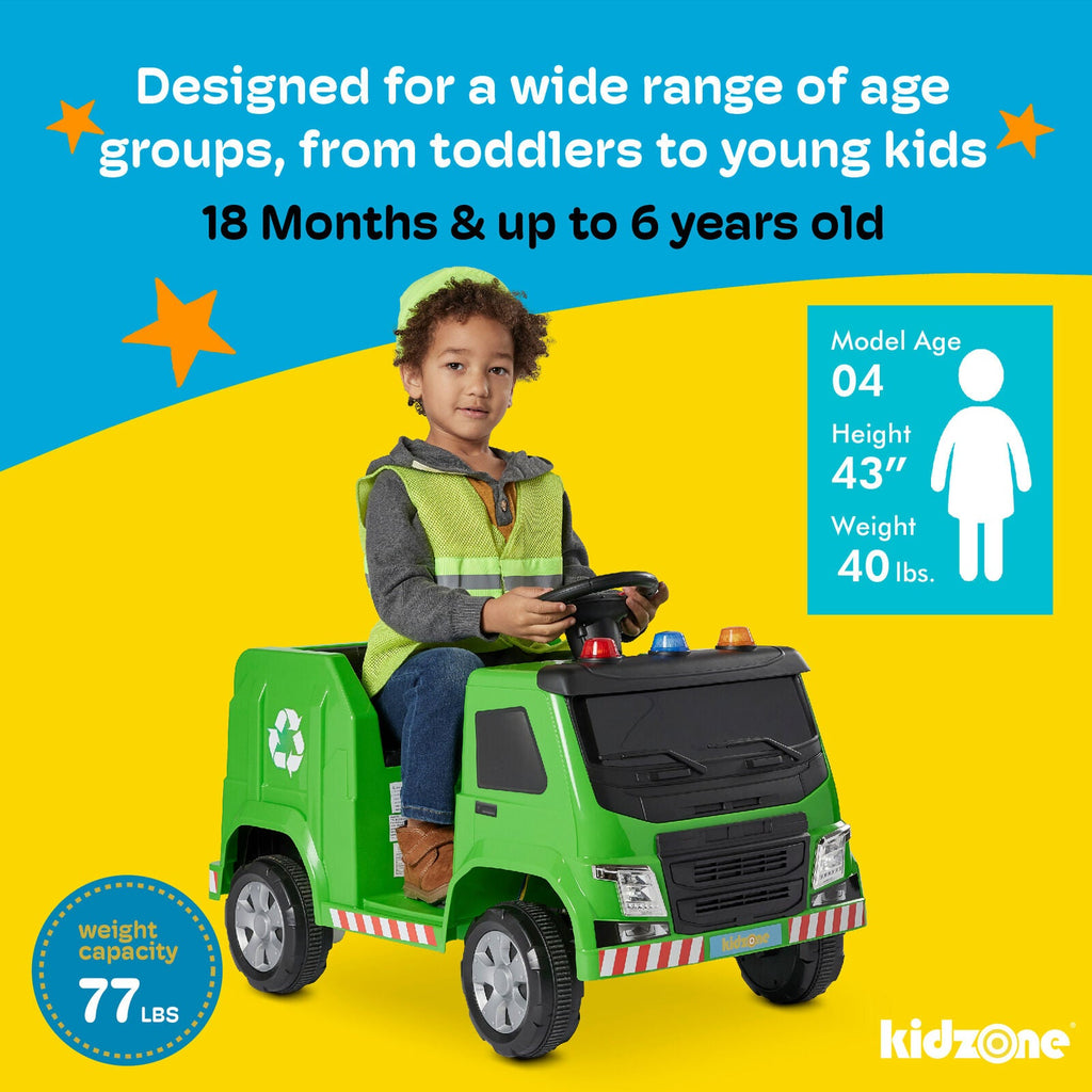 Kidzone 6V Garbage Truck Ride On Toy with LED Lights and Recycling Accessories