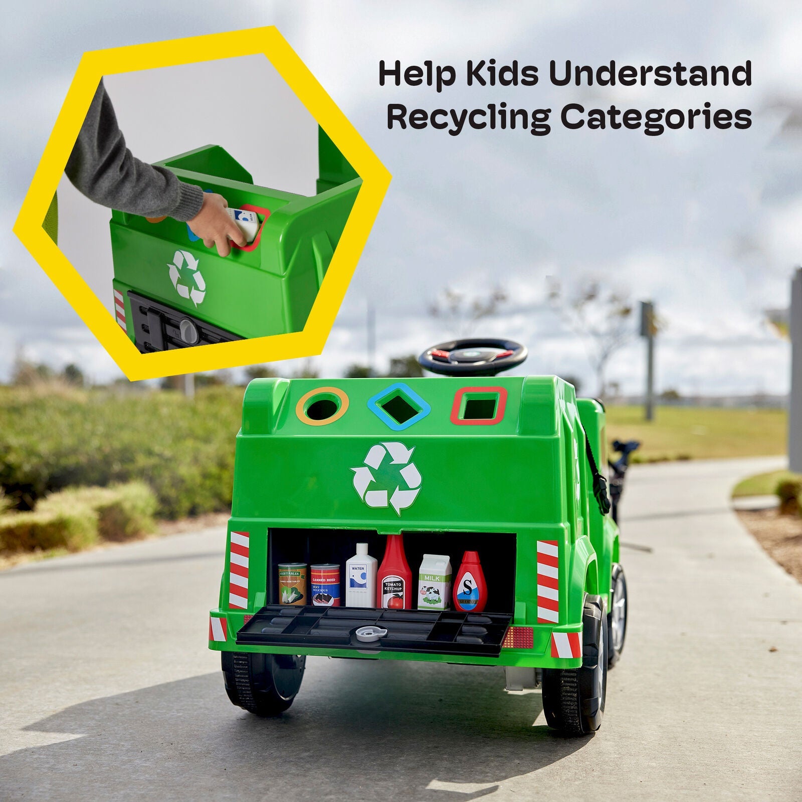 Kidzone 6V Garbage Truck Ride On Toy with LED Lights and Recycling Accessories
