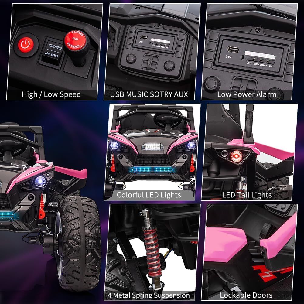 24V 2 Seater Electric UTV with Remote Control Steering 4x4 Off-Road Vehicle Sound System LED Lights