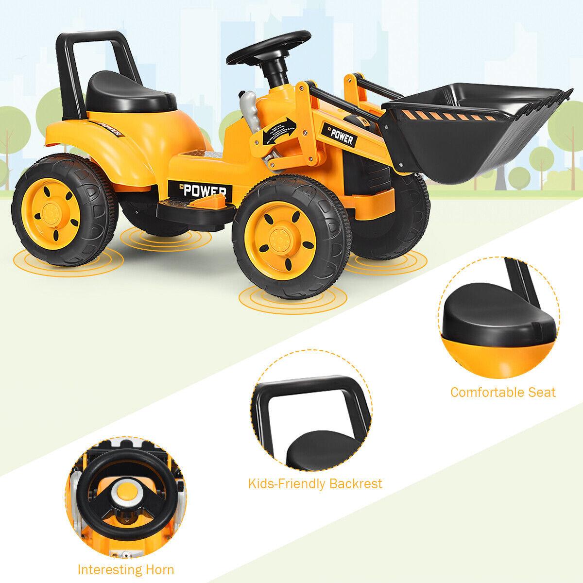 6V Battery Powered Kids Excavator Digger Tractor with Digging Bucket - Yellow