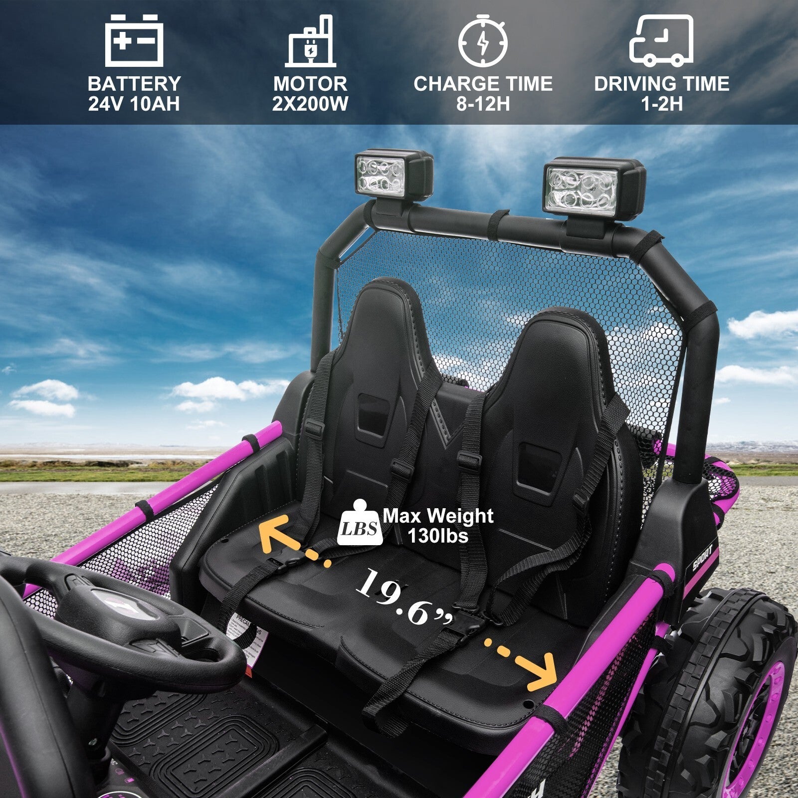 24V Kids 2-Seater Off-Road Ride-On UTV Car with 400W Motor, EVA Wheels, and Remote Control - Purple