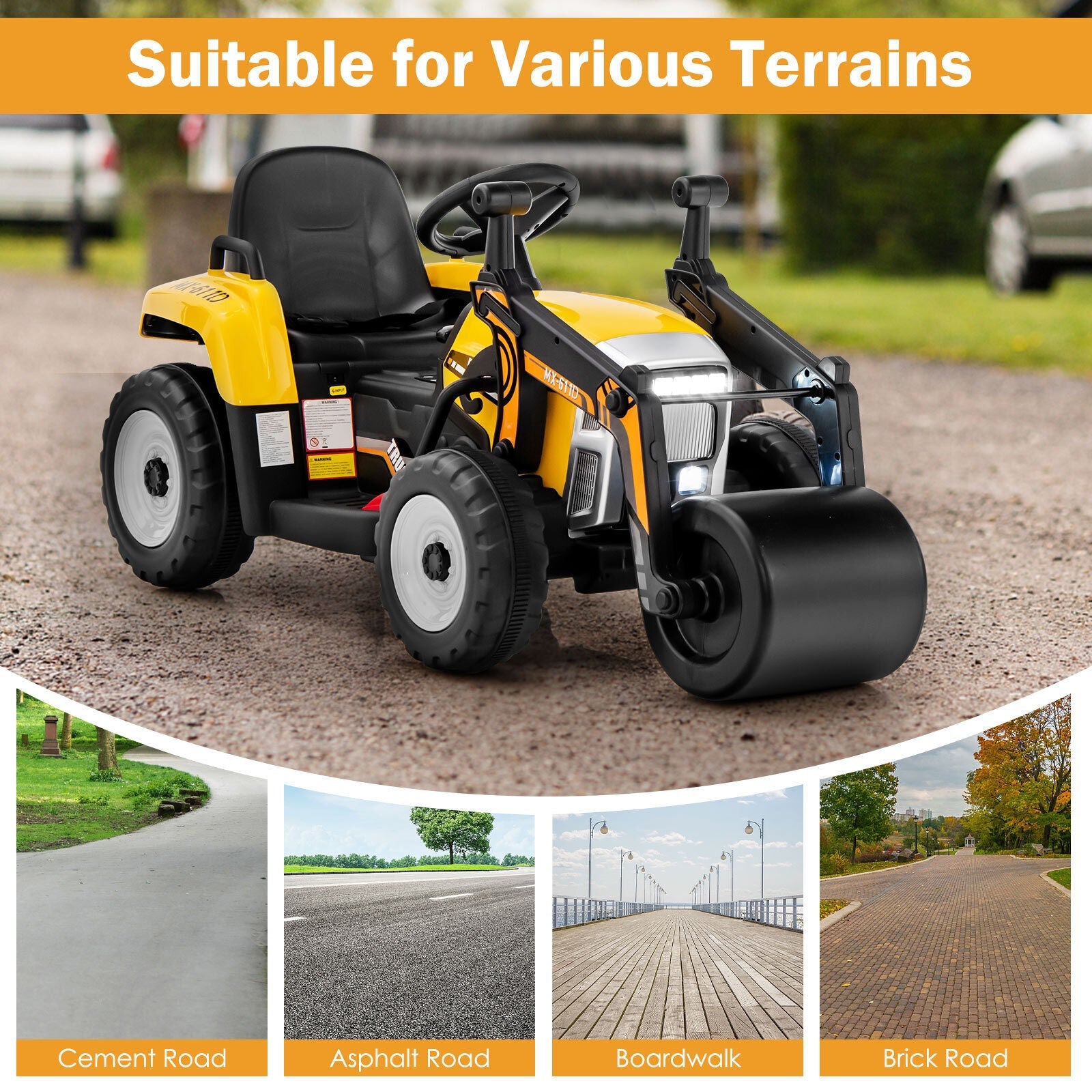 12V Electric Tractor for Kids with Remote Control, Music, and LED Lights - Yellow