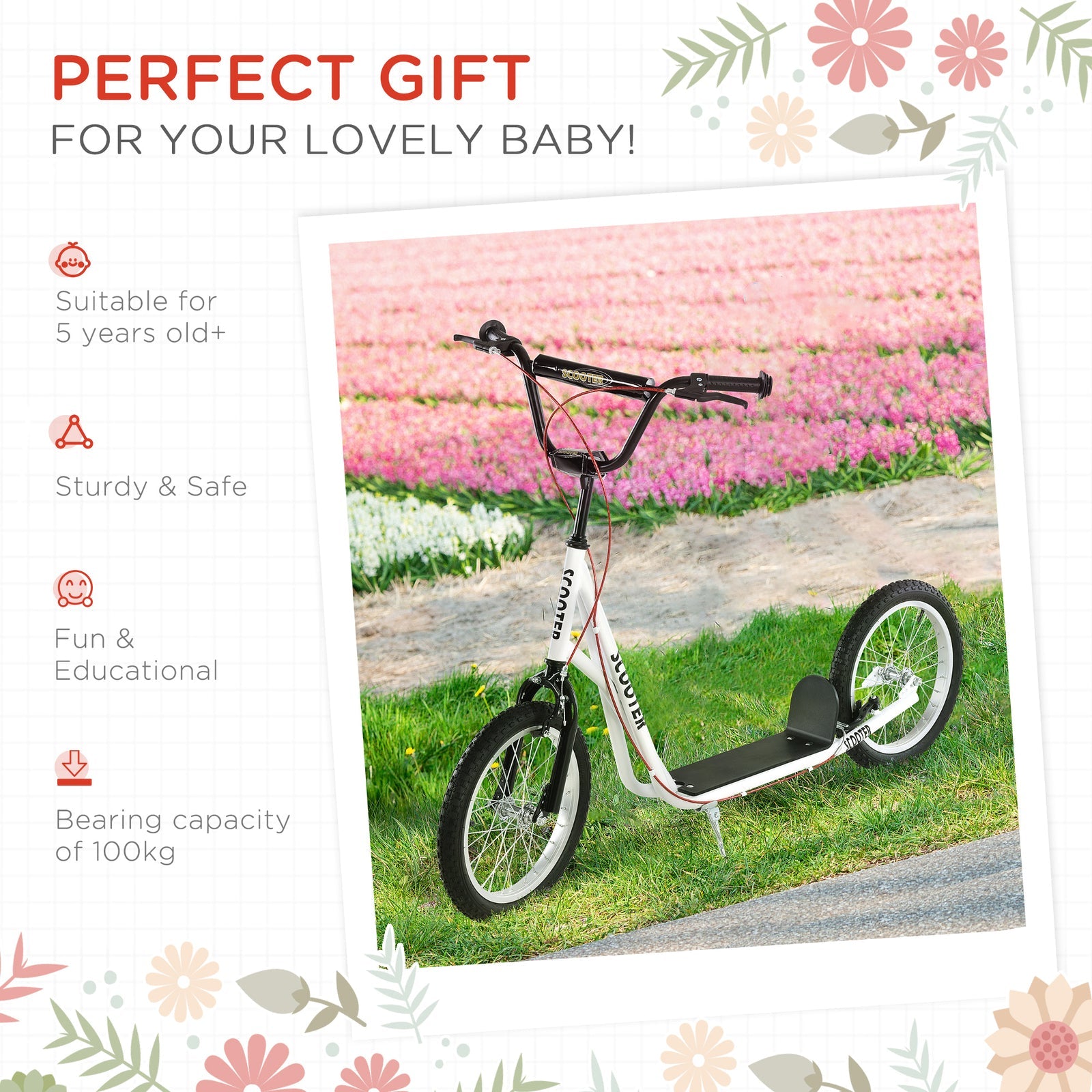 Youth Kick Scooter for Kids 5+ with 16" Wheels and Adjustable Handlebar