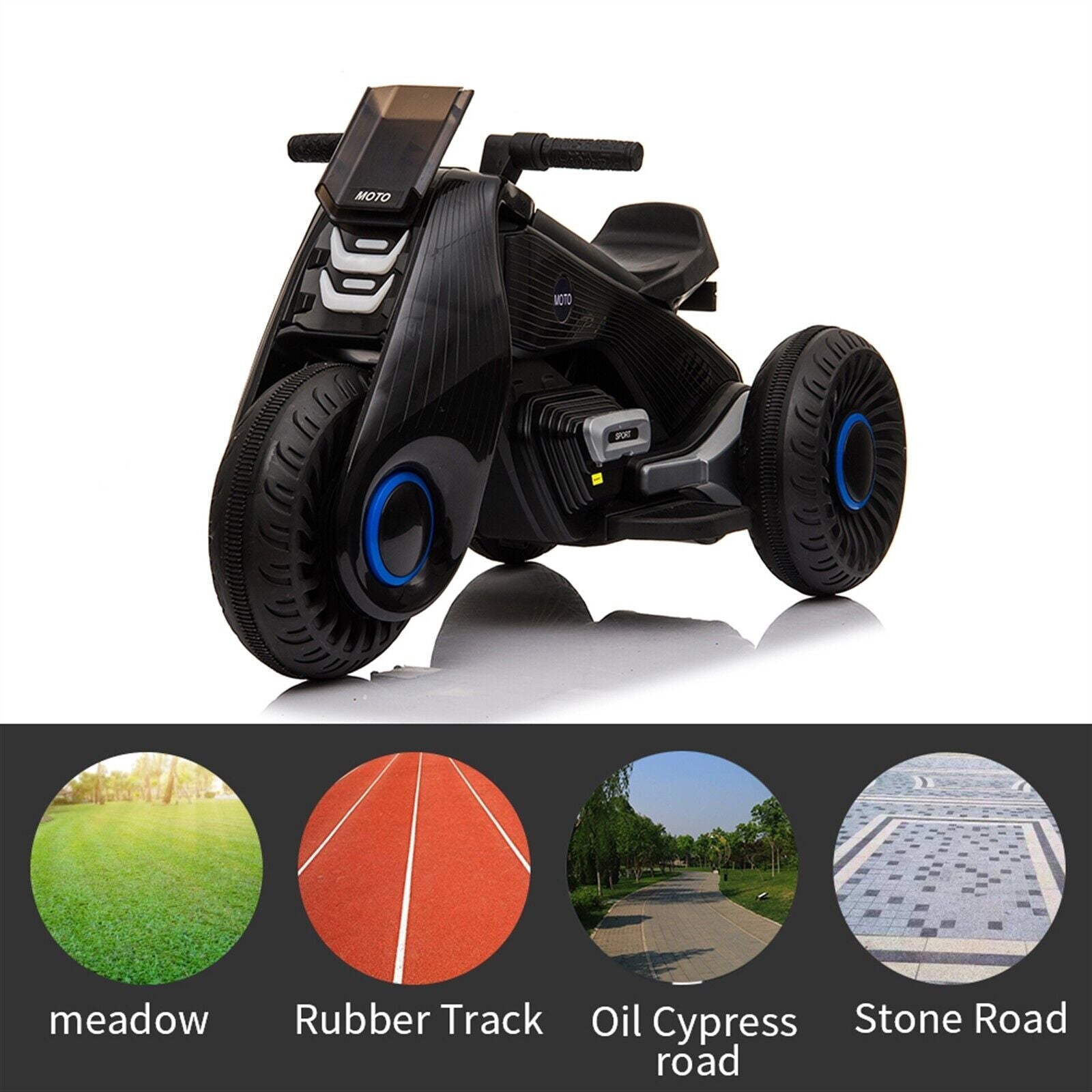 Black 3-Wheel Double Drive Electric Motorcycle for Kids