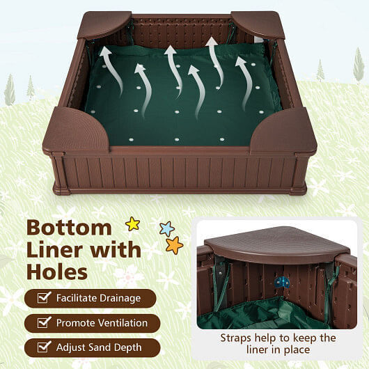 Brown Outdoor Sandbox with Oxford Cover and 4 Corner Seats for Kids