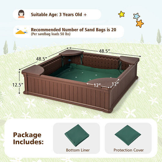 Brown Outdoor Sandbox with Oxford Cover and 4 Corner Seats for Kids