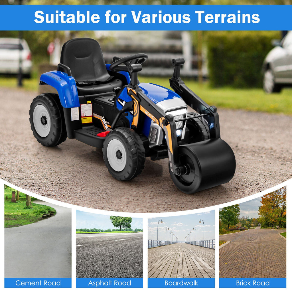 12V Electric Tractor with Remote Control, LED Lights, and Music for Kids - Blue
