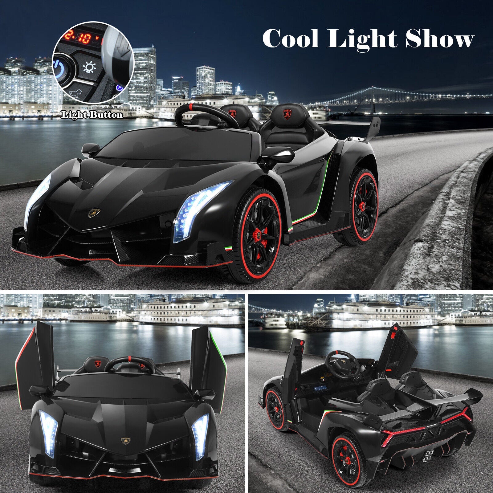 2-Seater Licensed Lamborghini Kids Ride On Car with RC and Swing Function - Black (12V)