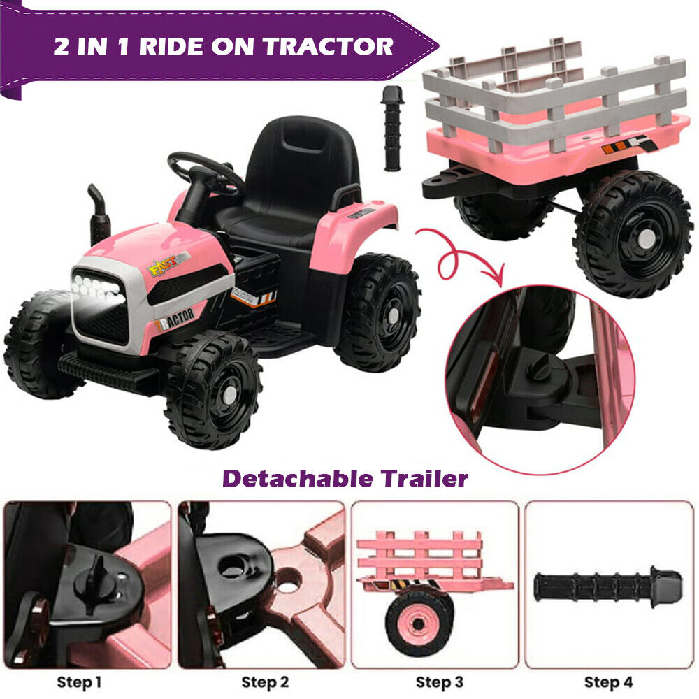Electric Pink Tractor and Trailer Ride-On Toy for Toddlers (12V)