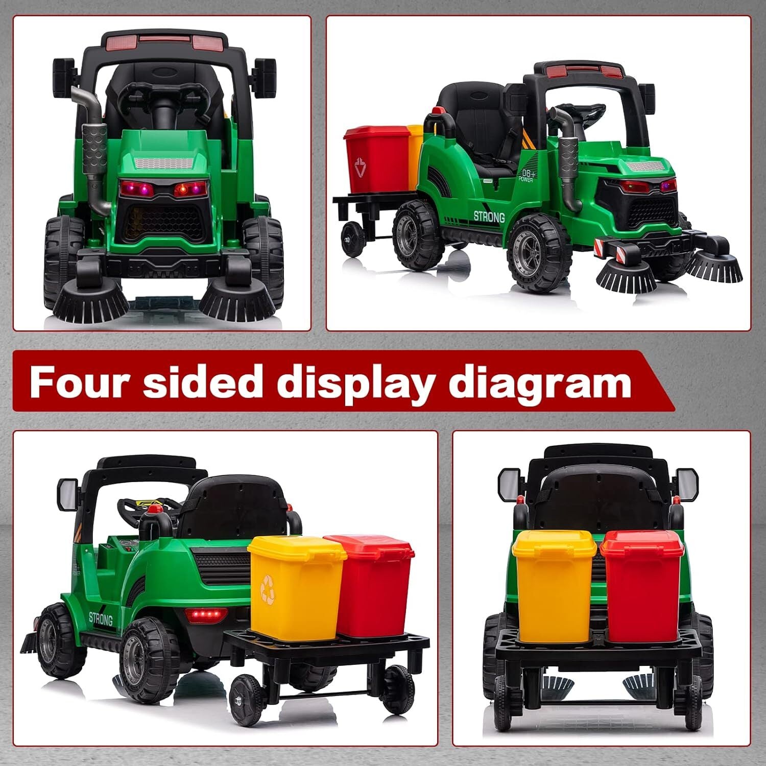 12V Kids Ride-On Construction Sweeper Truck with Trailer and Rubbish Bin Toy Car