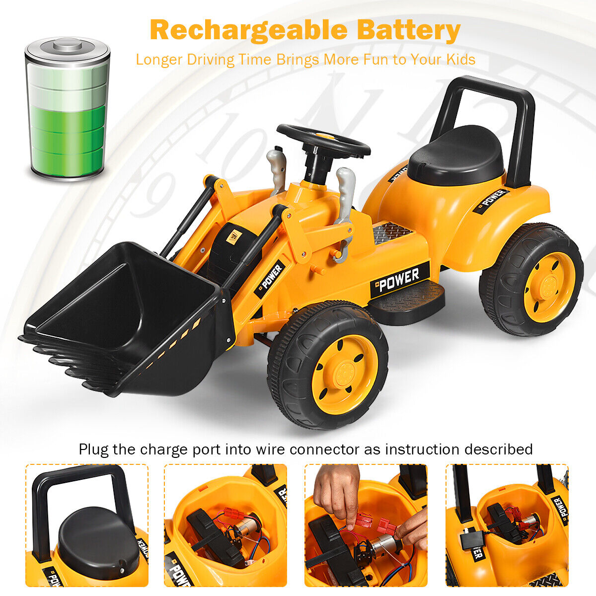 6V Battery Powered Kids Excavator Tractor with Digging Bucket - Yellow