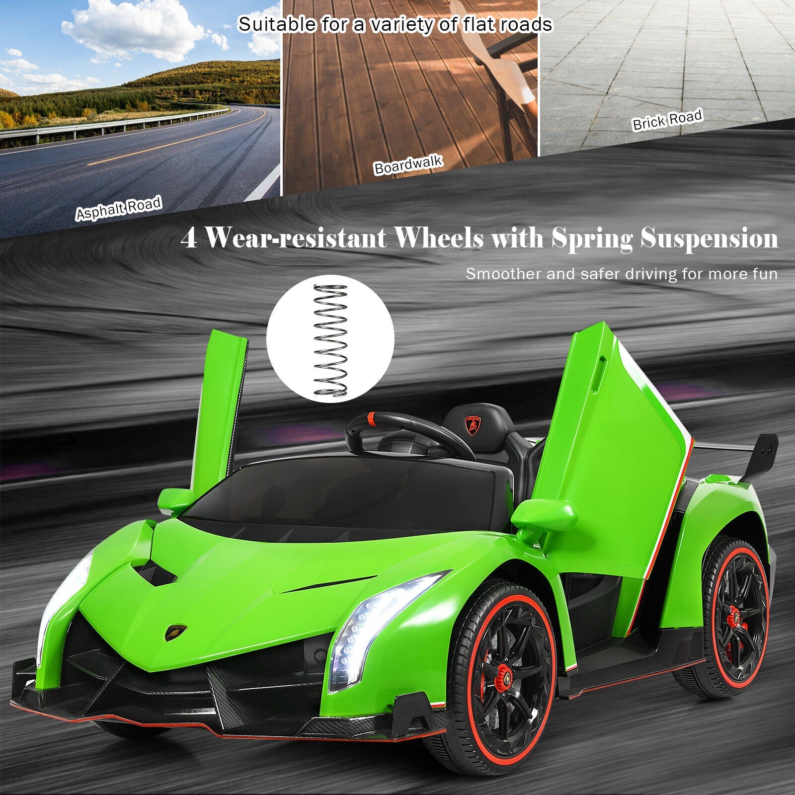 Licensed 12V Lamborghini Kids Ride On Car with RC & Swing Function - Green, 2-Seater