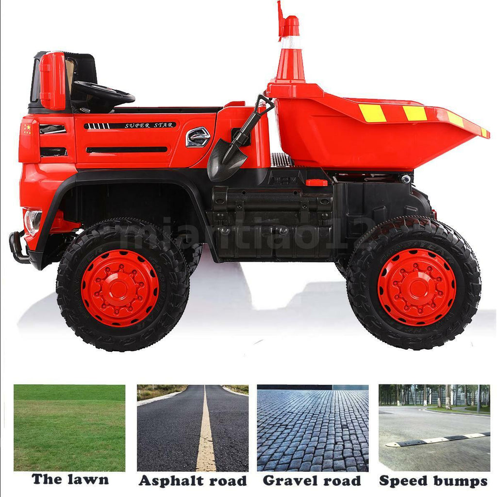 12V Electric Construction Toy - Dump Truck with Moving Bed and Shovel