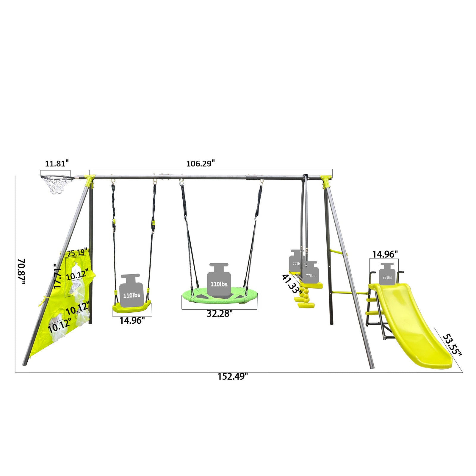 Six-Function Green and Blue Metal and Plastic Swingset with Net Swing
