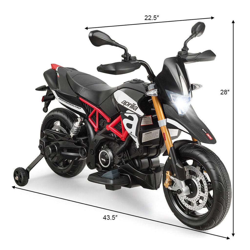 12V Kids Ride-On Aprilia Motorcycle with Training Wheels - Black