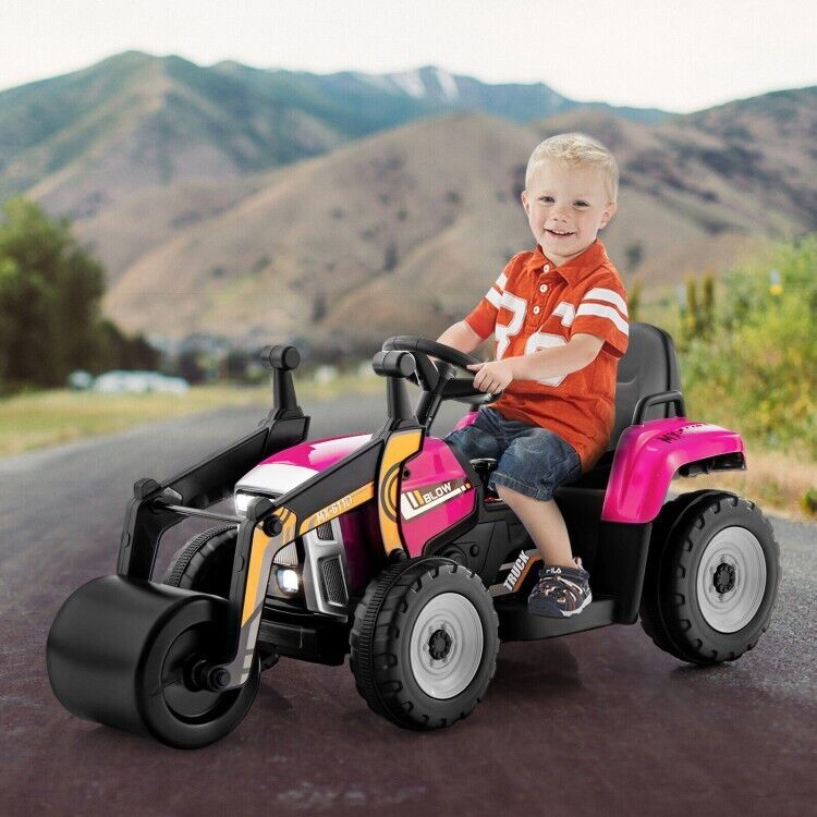 12V Electric Pink Tractor with Remote Control, Music, and LED Lights for Kids