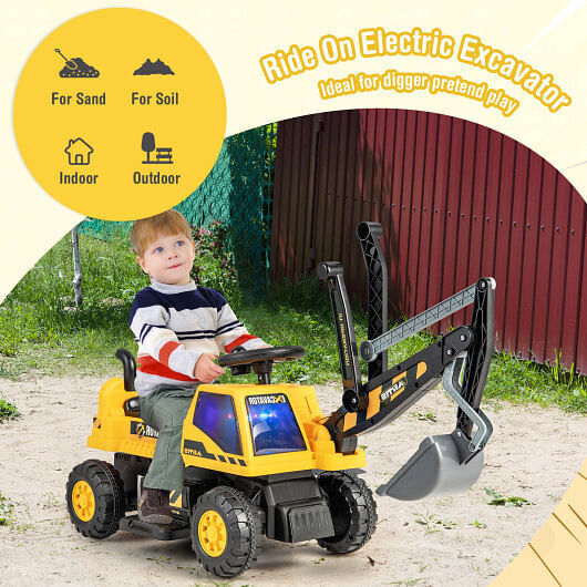 Certified Kids' Electric Bulldozer with Front Digger Shovel - Yellow