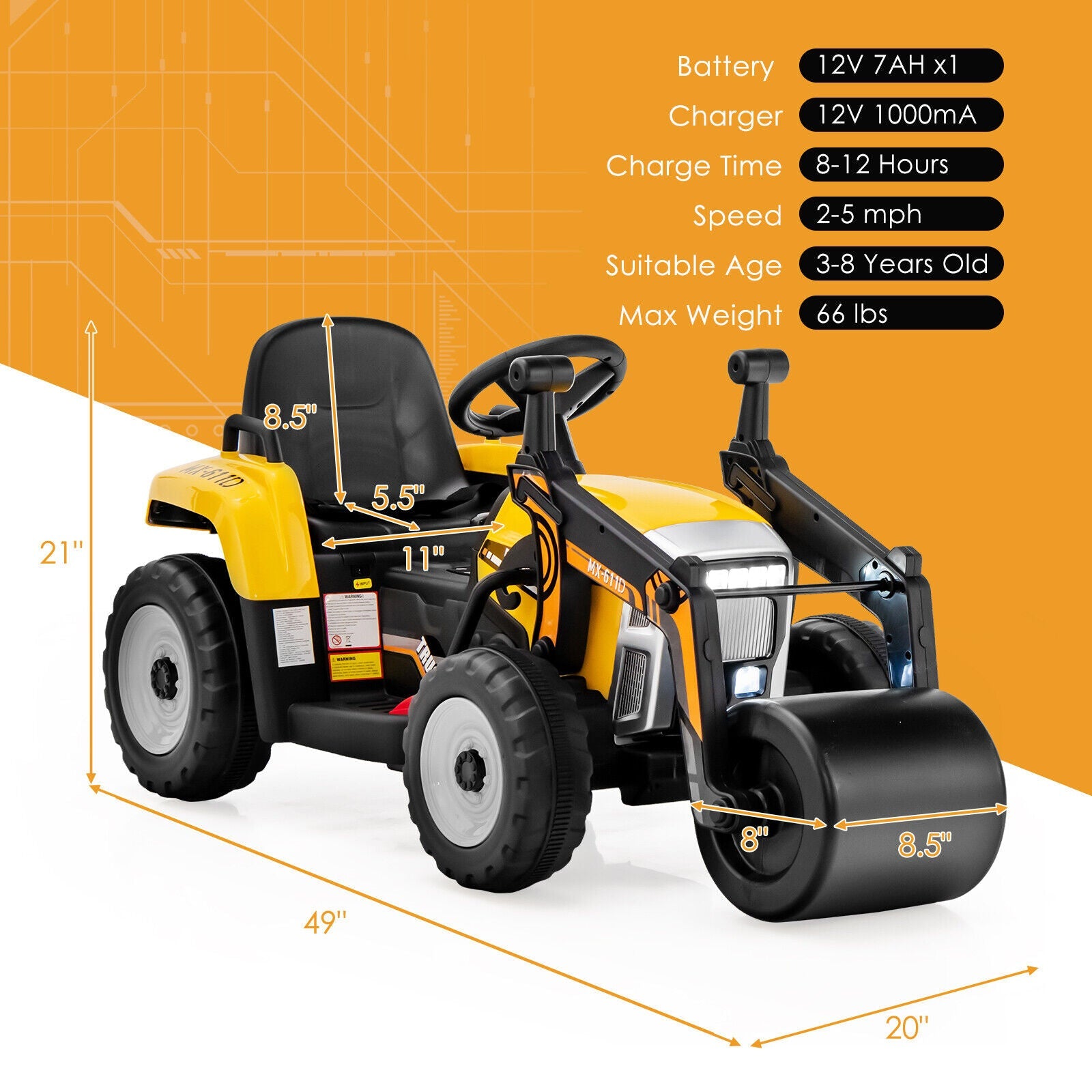 12V Electric Tractor for Kids with Remote Control, Music, and LED Lights - Yellow