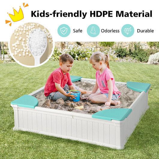 White Outdoor Sandbox with Oxford Cover and 4 Corner Seats for Kids