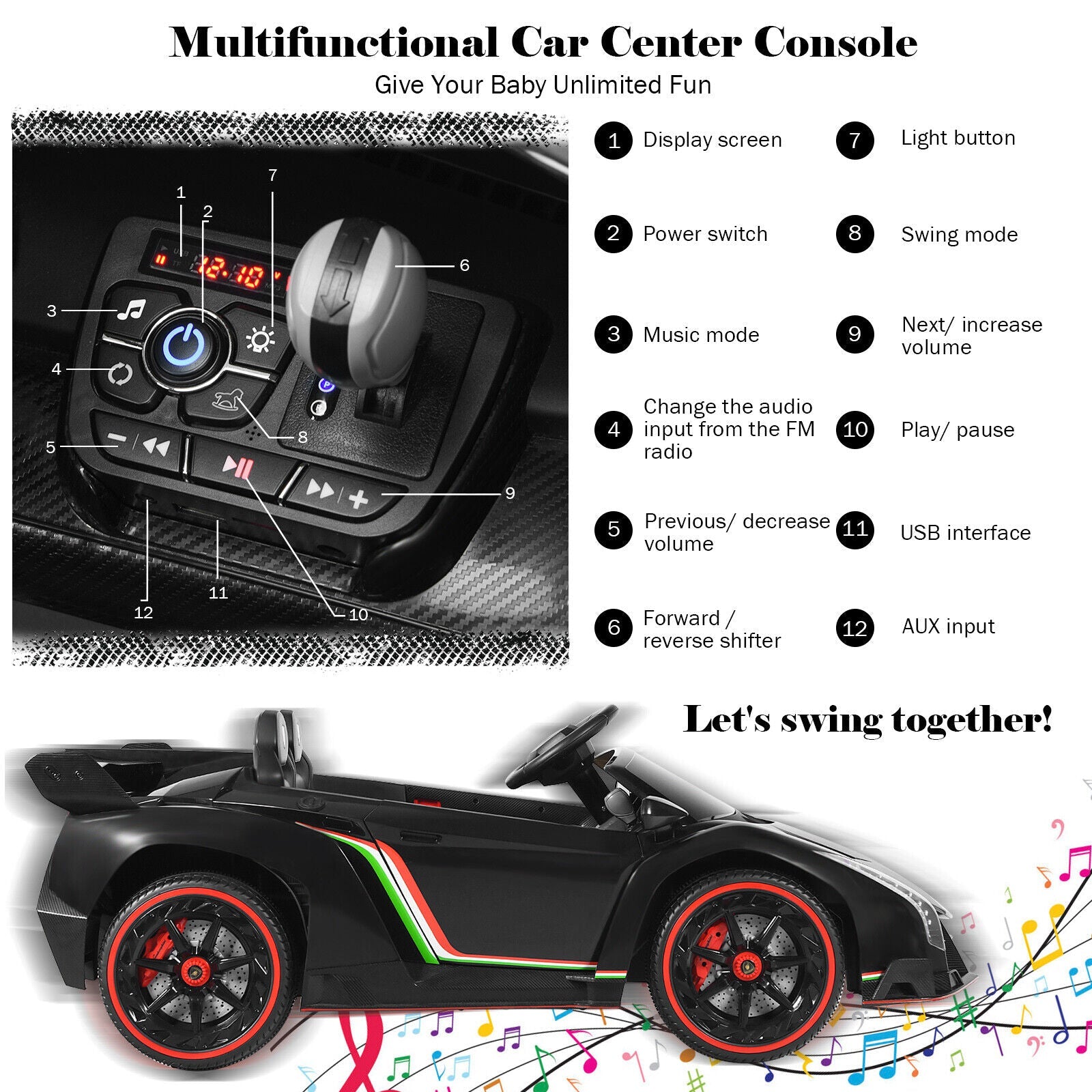 2-Seater Licensed Lamborghini Kids Ride On Car with RC and Swing Function - Black (12V)