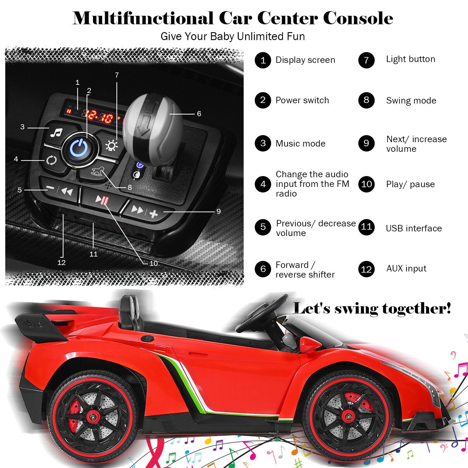 2-Seater Licensed Lamborghini Kids Ride On Car with RC and Swing Function - Red (12V)