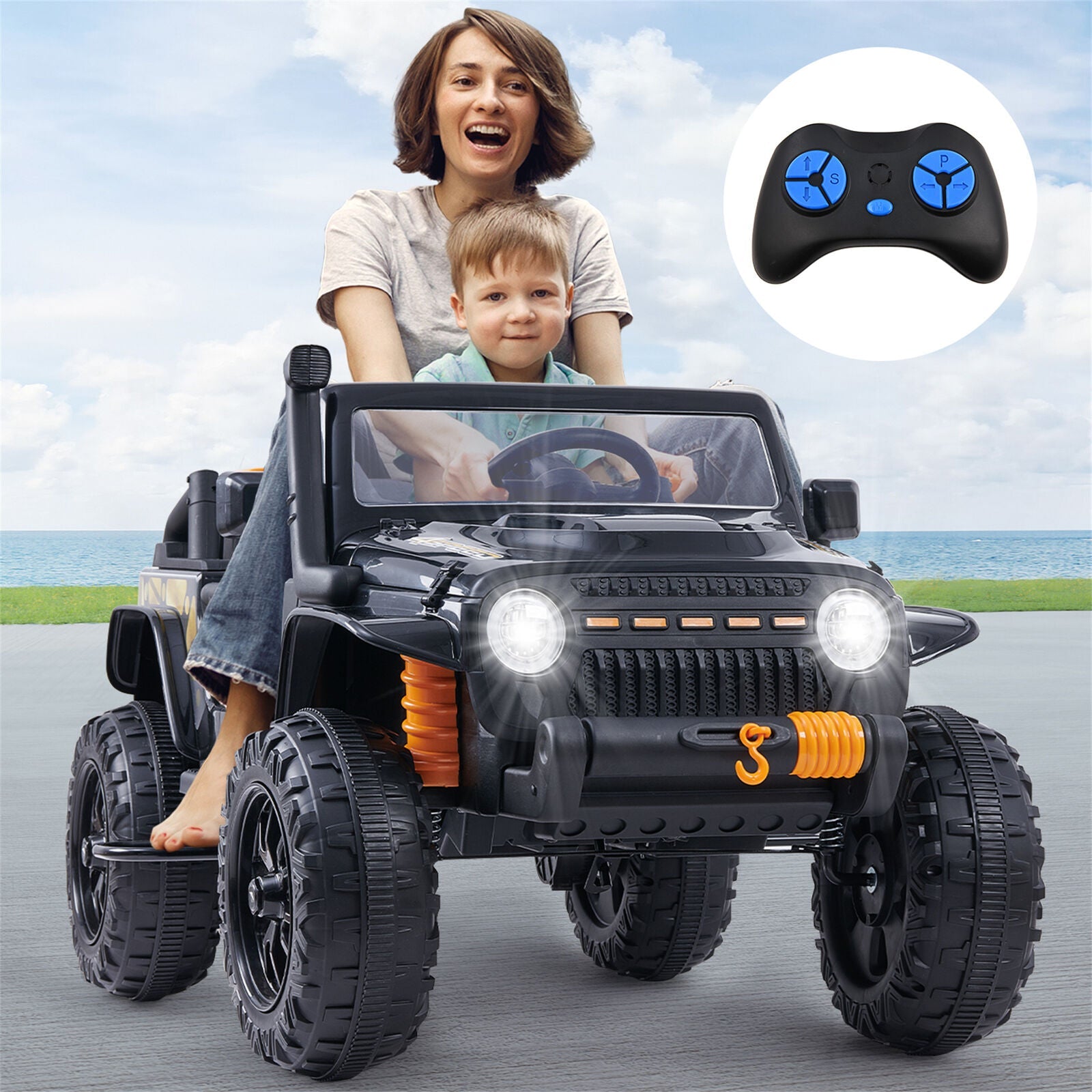 12V Electric Ride-On Car for Kids Ages 3-8 - Red/Black Truck Design