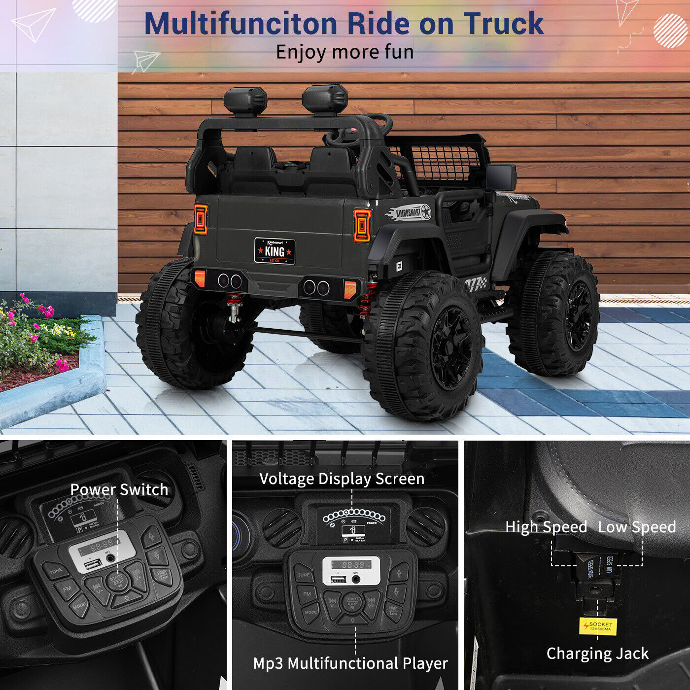 Kimbosmart Electric 24V All-Terrain Children's Ride-On Truck with MP3 Player, LED Lights, and Remote Control