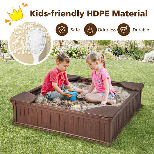 Brown Outdoor Sandbox with Oxford Cover and 4 Corner Seats for Kids