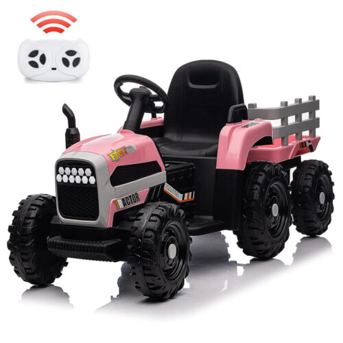 Electric Pink Tractor and Trailer Ride-On Toy for Toddlers (12V)