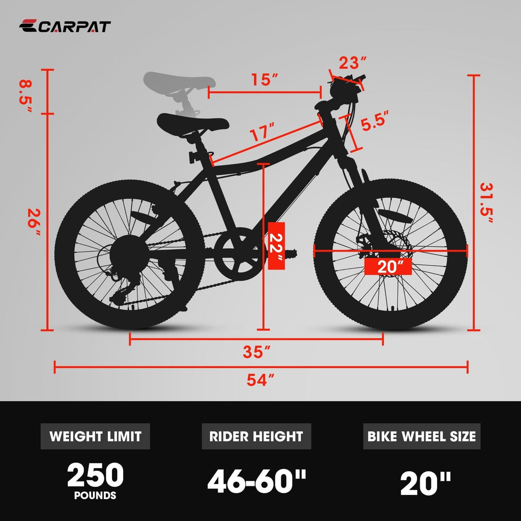 20 Inch Kids' Mountain Bike for Boys and Girls Ages 7-12 with 7-Speed Gear
