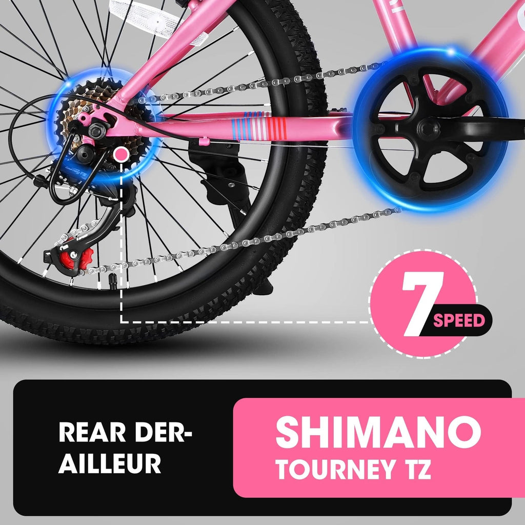 20 Inch Kids' Mountain Bike for Boys and Girls Ages 7-12 with 7-Speed Gear