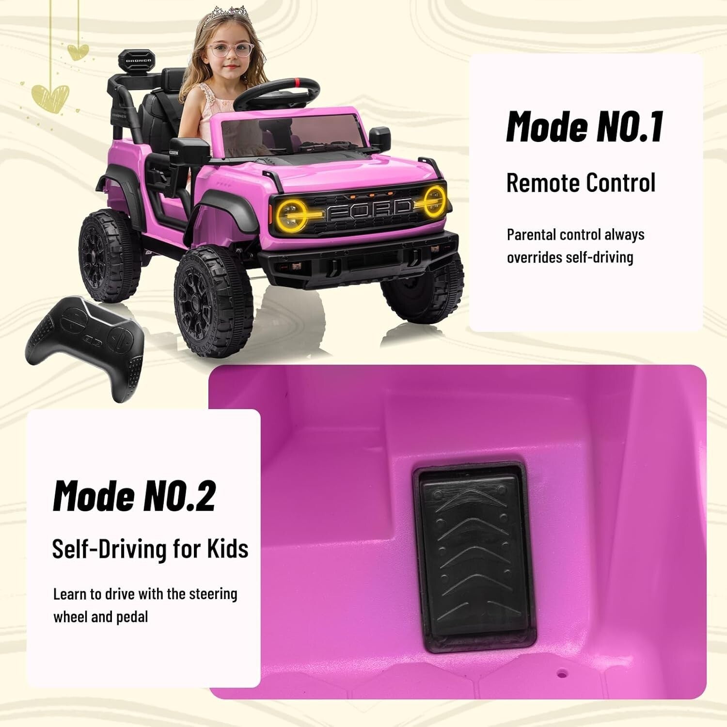 12V Electric Ford Bronco Ride-On Car with Remote Control and Safety Seat Belt for Ages 3-8