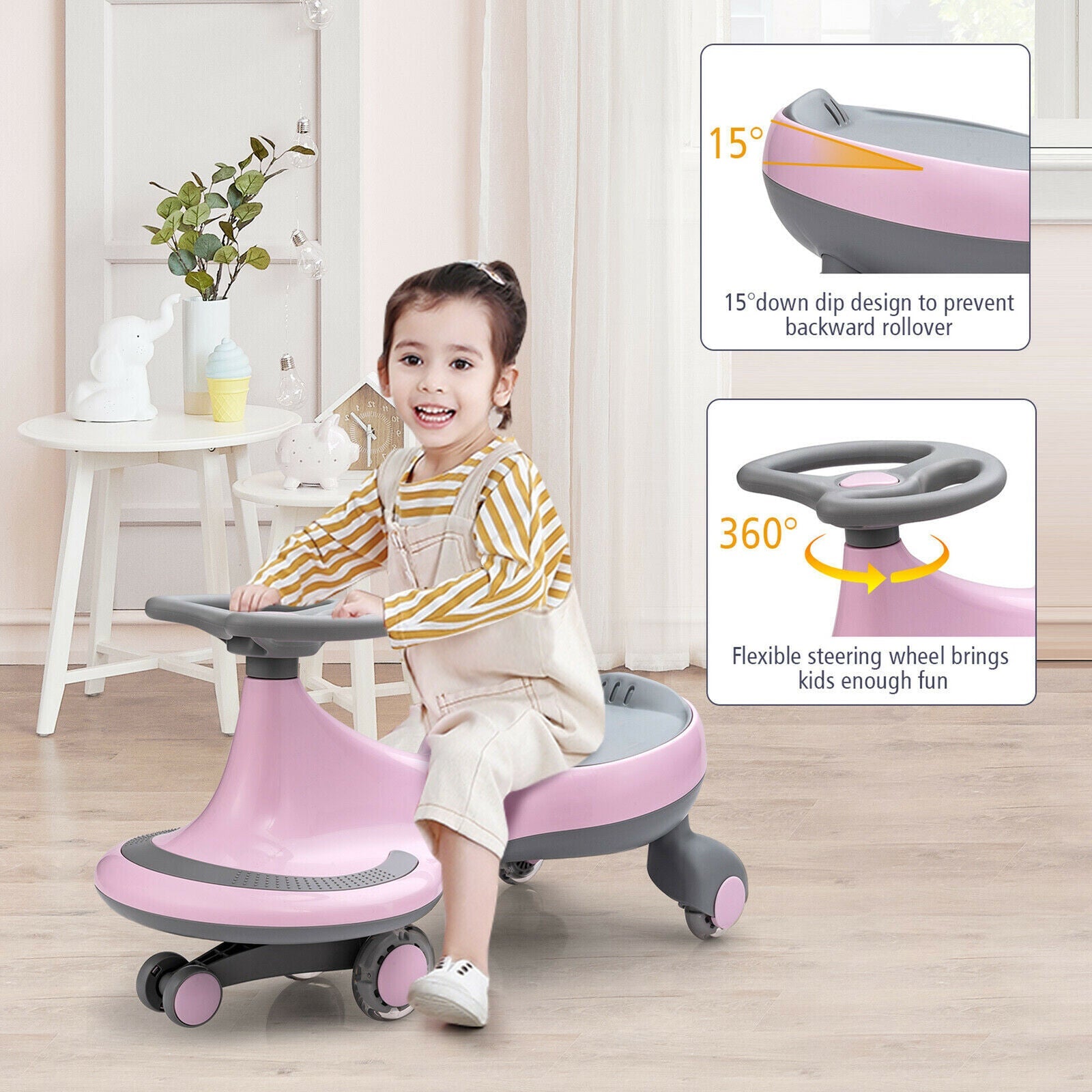Sparkling Pink Wiggle Car Ride-on Toy for Toddlers and Kids with Flashing Wheels