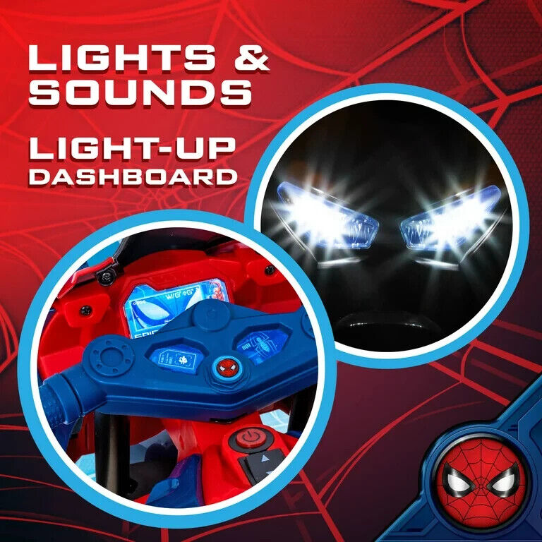 Spiderman 6V Motorcycle Ride On for Kids, Ages 3+, with Rechargeable Battery and 65lbs Weight Capacity