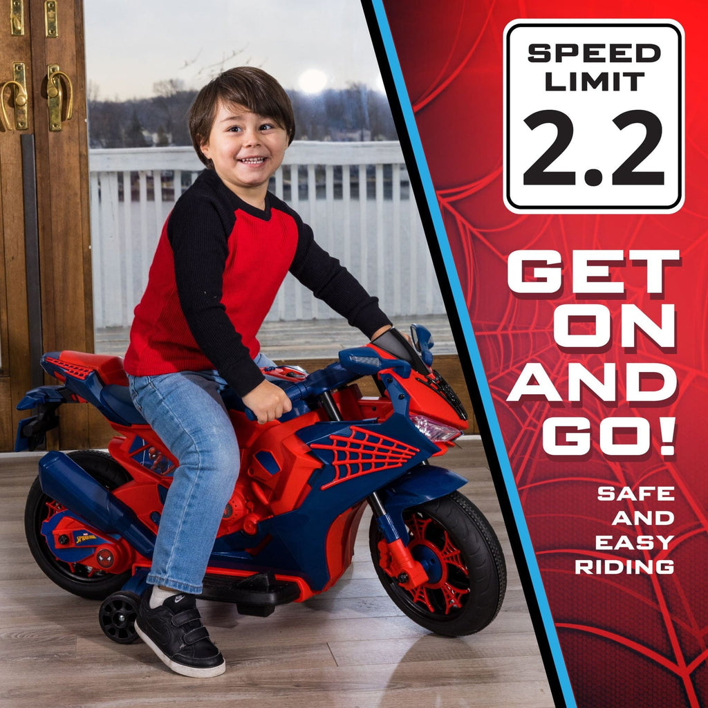 6V Rechargeable Spiderman Ride-On Motorcycle for Kids Ages 3+ Up to 65 lbs