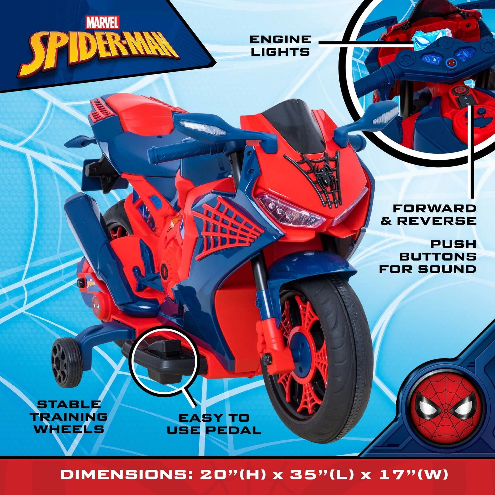 6V Rechargeable Spiderman Ride-On Motorcycle for Kids Ages 3+ Up to 65 lbs