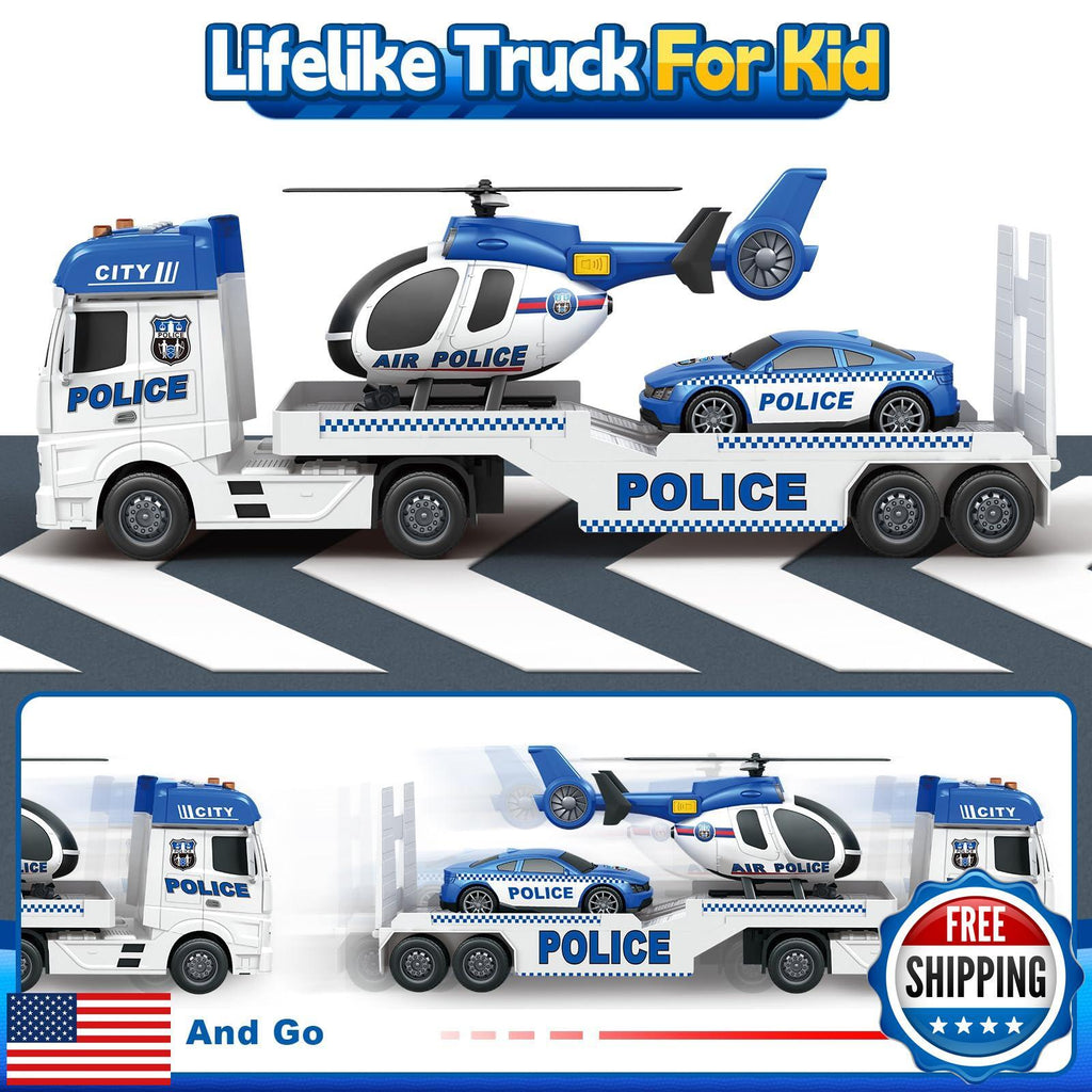 25-Inch Large Police Truck Toy with Racing Car for Toddler Boys
