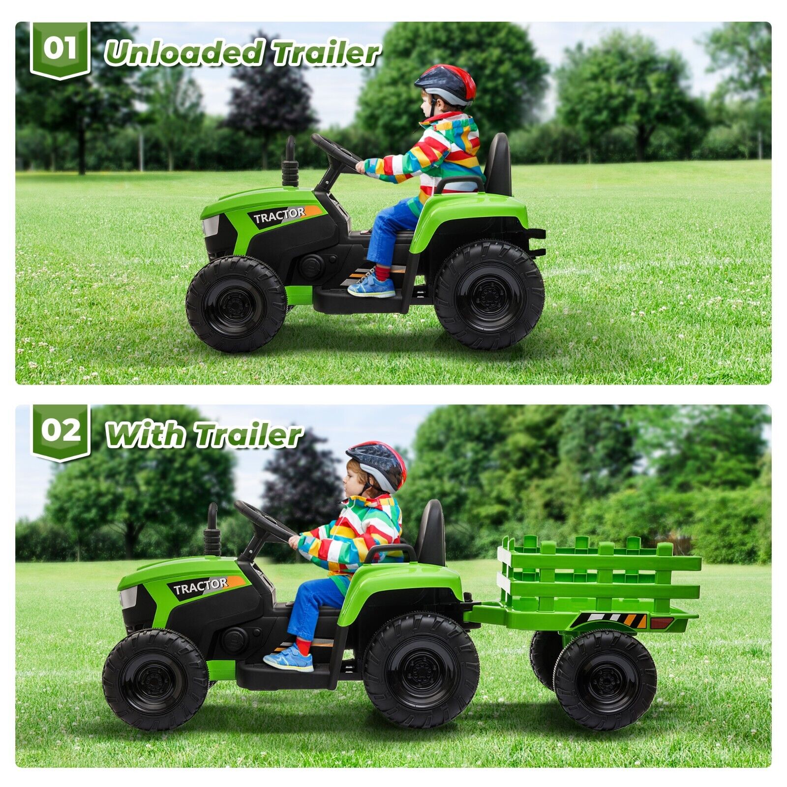 TOBBI 12V Battery-Powered Toy Tractor with Trailer for Kids' Electric Ride-On Fun