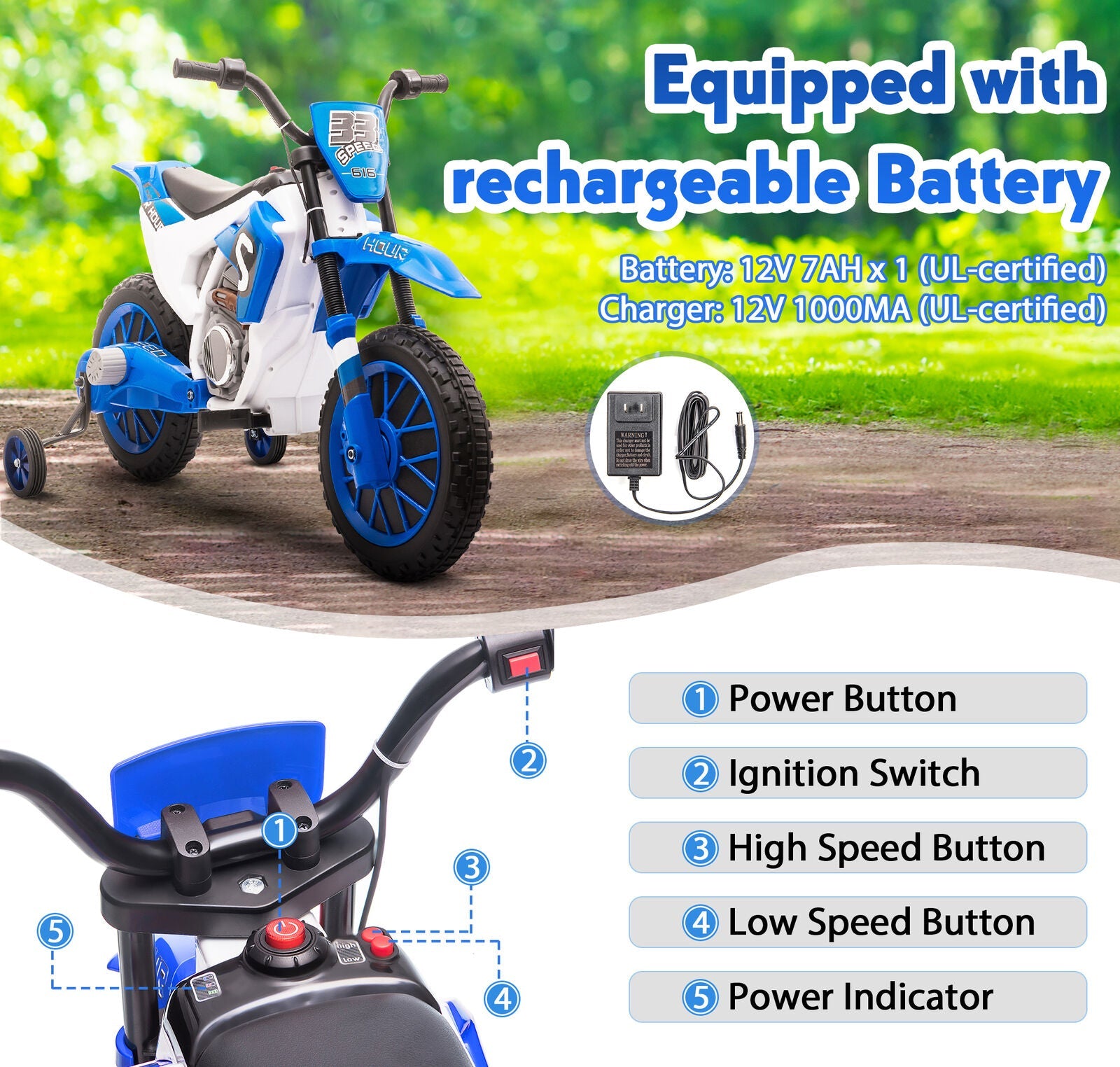 TOBBI 12V Electric Dirt Bike for Kids with Training Wheels - Realistic Motorbike Experience