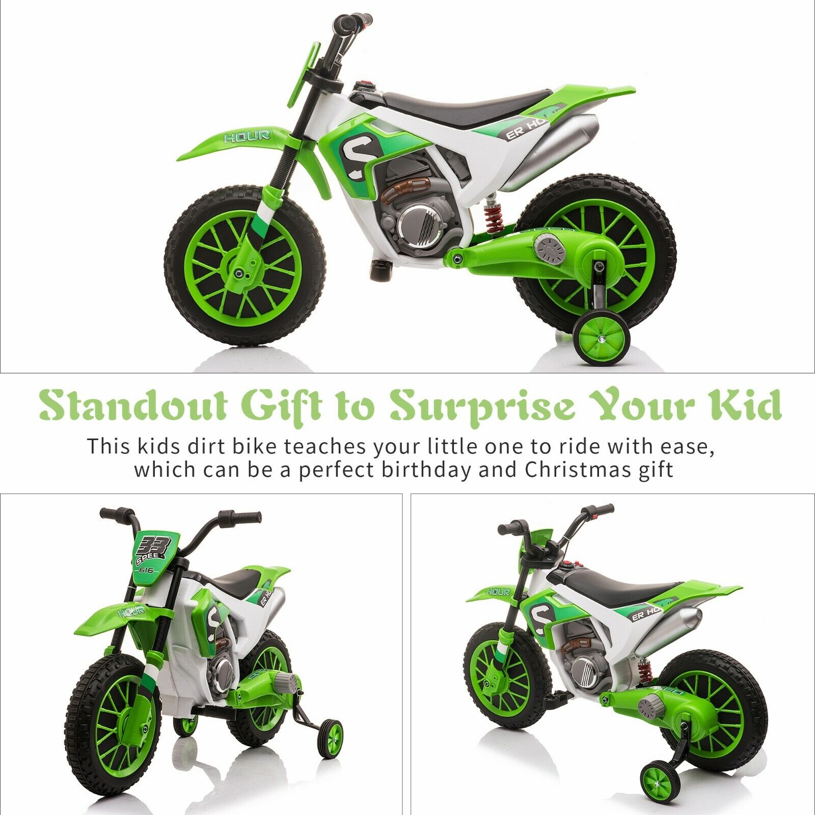 TOBBI 12V Electric Dirt Bike for Kids with Training Wheels - Realistic Motorbike Experience