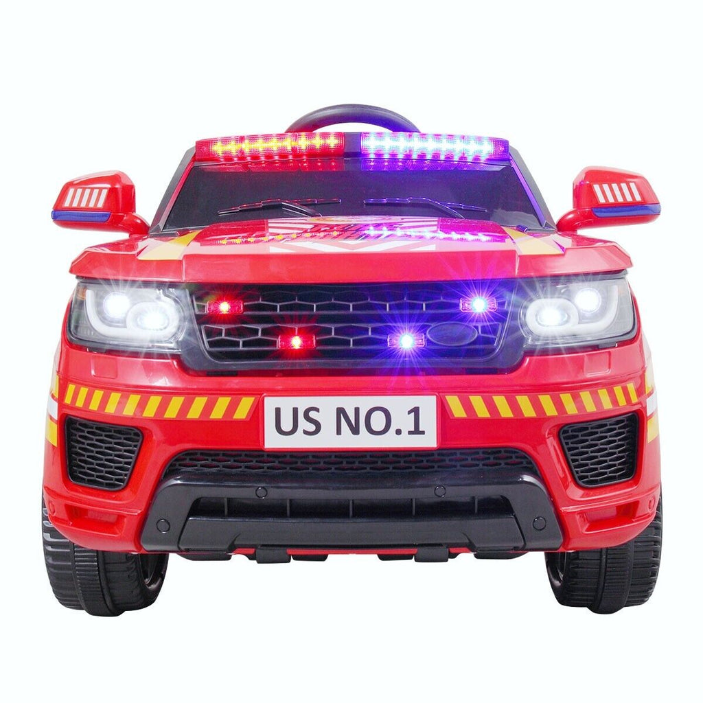 TOBBI 12V Electric Fire Truck Kids Ride-On Police Car with Megaphone, Remote Control, and Lights
