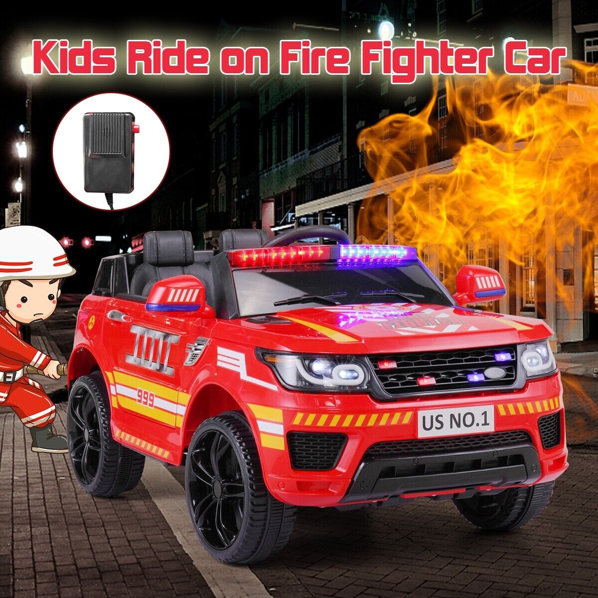 TOBBI 12V Electric Fire Truck Kids Ride-On Police Car with Megaphone, Remote Control, and Lights