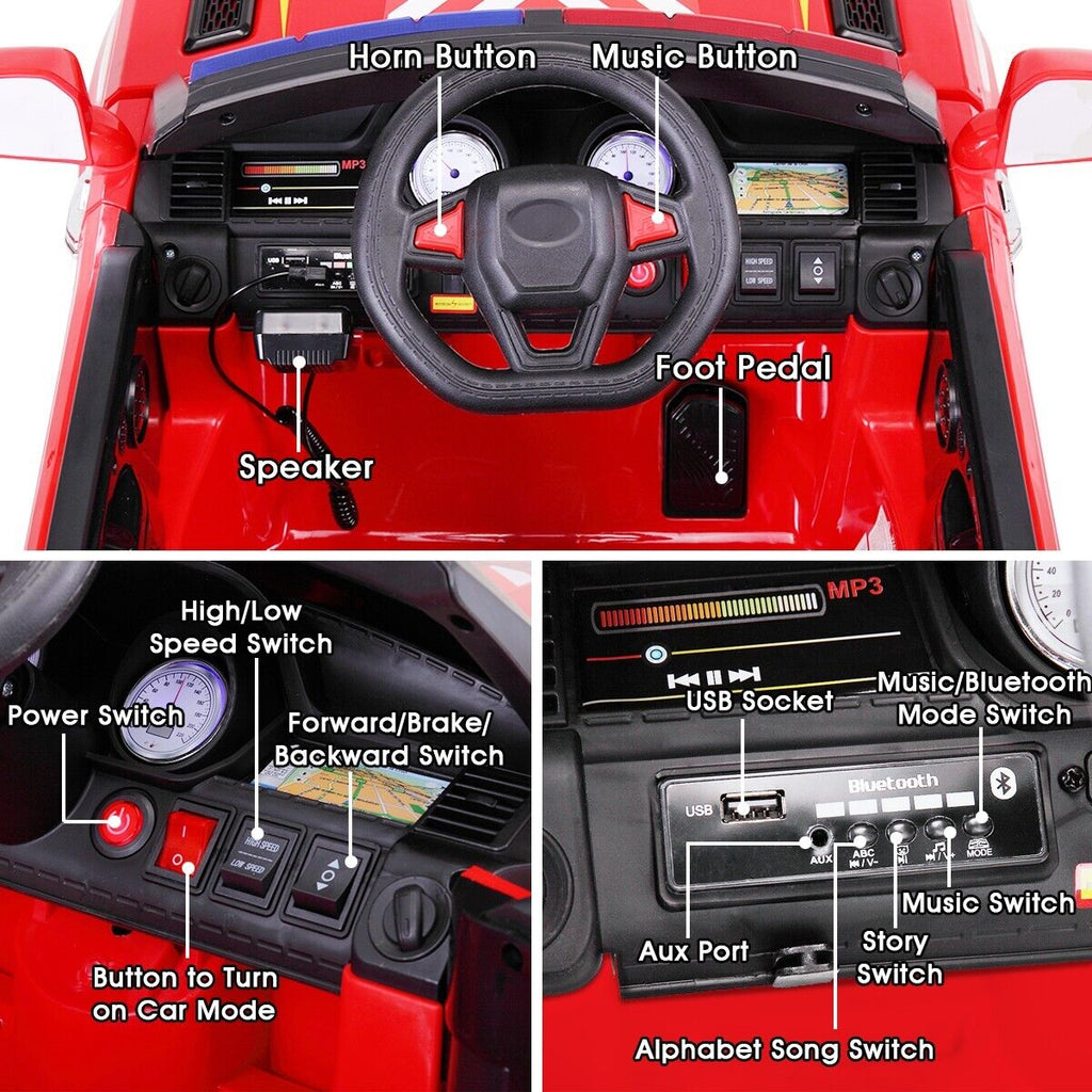 TOBBI 12V Electric Fire Truck Ride On Car for Kids with Remote Control and Real Megaphone