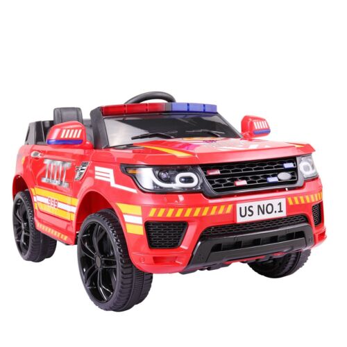 TOBBI 12V Electric Kids Police Car Fire Truck with Megaphone, Remote Control, and Lights