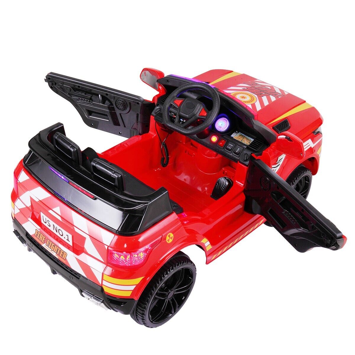 TOBBI 12V Electric Kids Police Car Fire Truck with Megaphone, Remote Control, and Lights