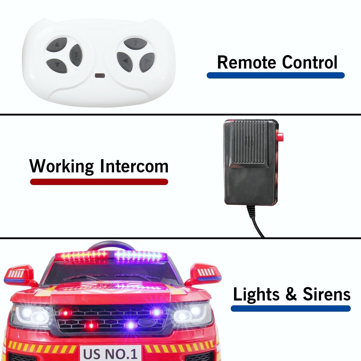 TOBBI 12V Electric Kids Police Car Fire Truck with Megaphone, Remote Control, and Lights