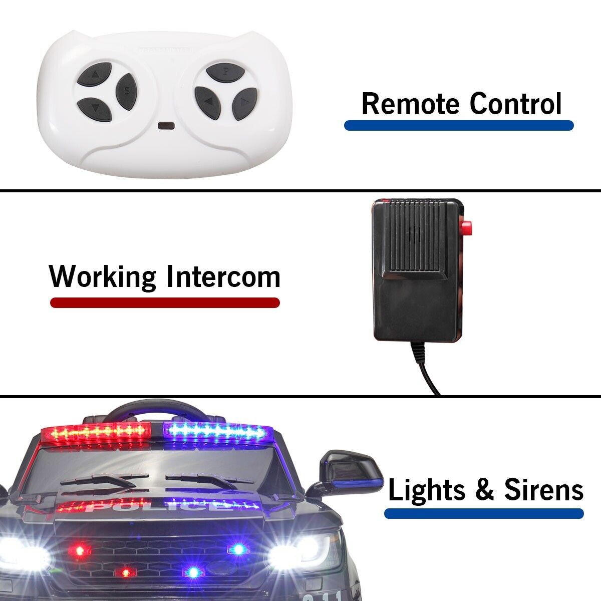 TOBBI 12V Electric Kids Police Car with Remote Control and Real Megaphone